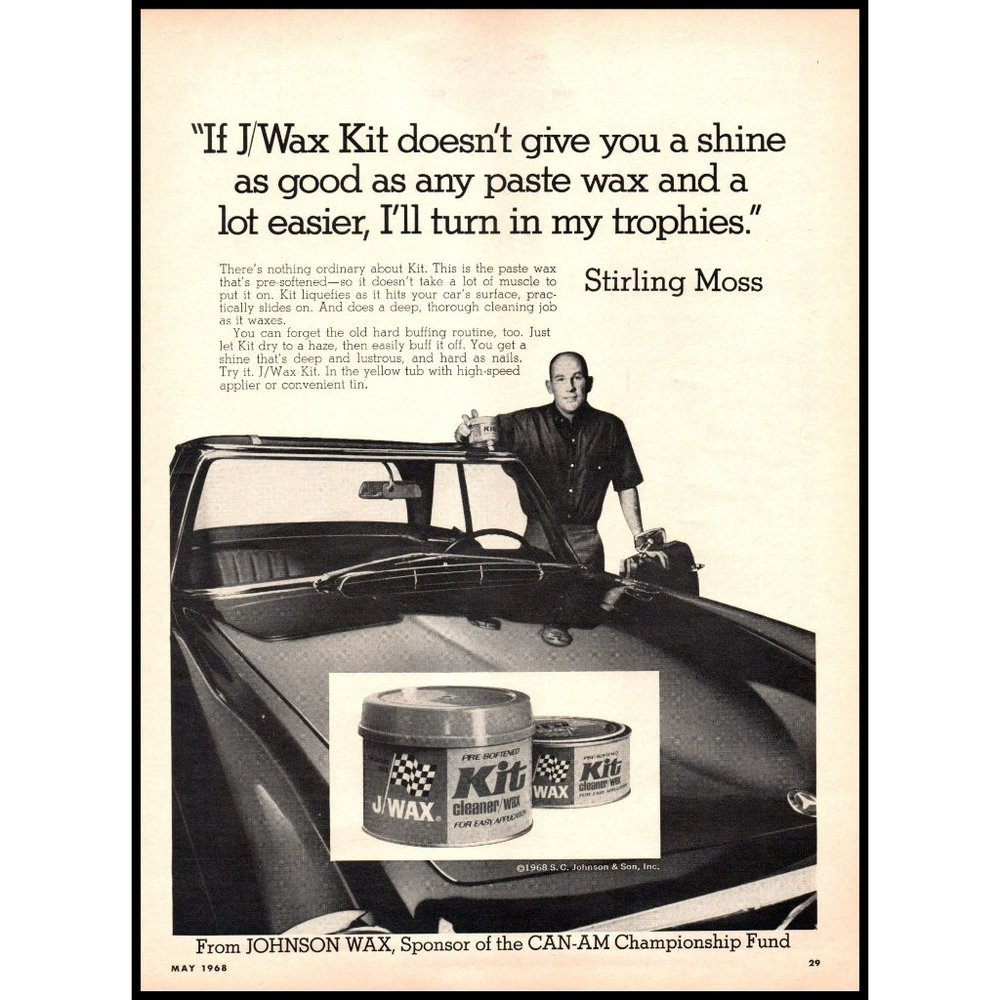 1968 Johnson Wax J/Wax Stirling Moss Muscle Car Vintage Print Ad Wall Art Decor